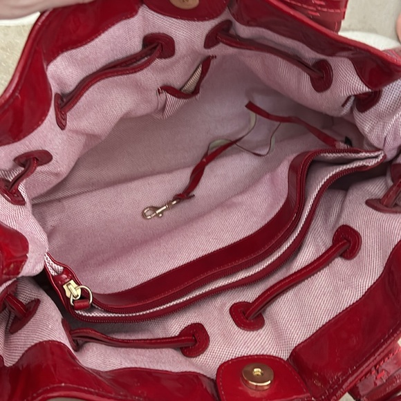 Dooney & Bourke Large Red Patent Leather/White Canvas Striped Tote EUC - Picture 9 of 13